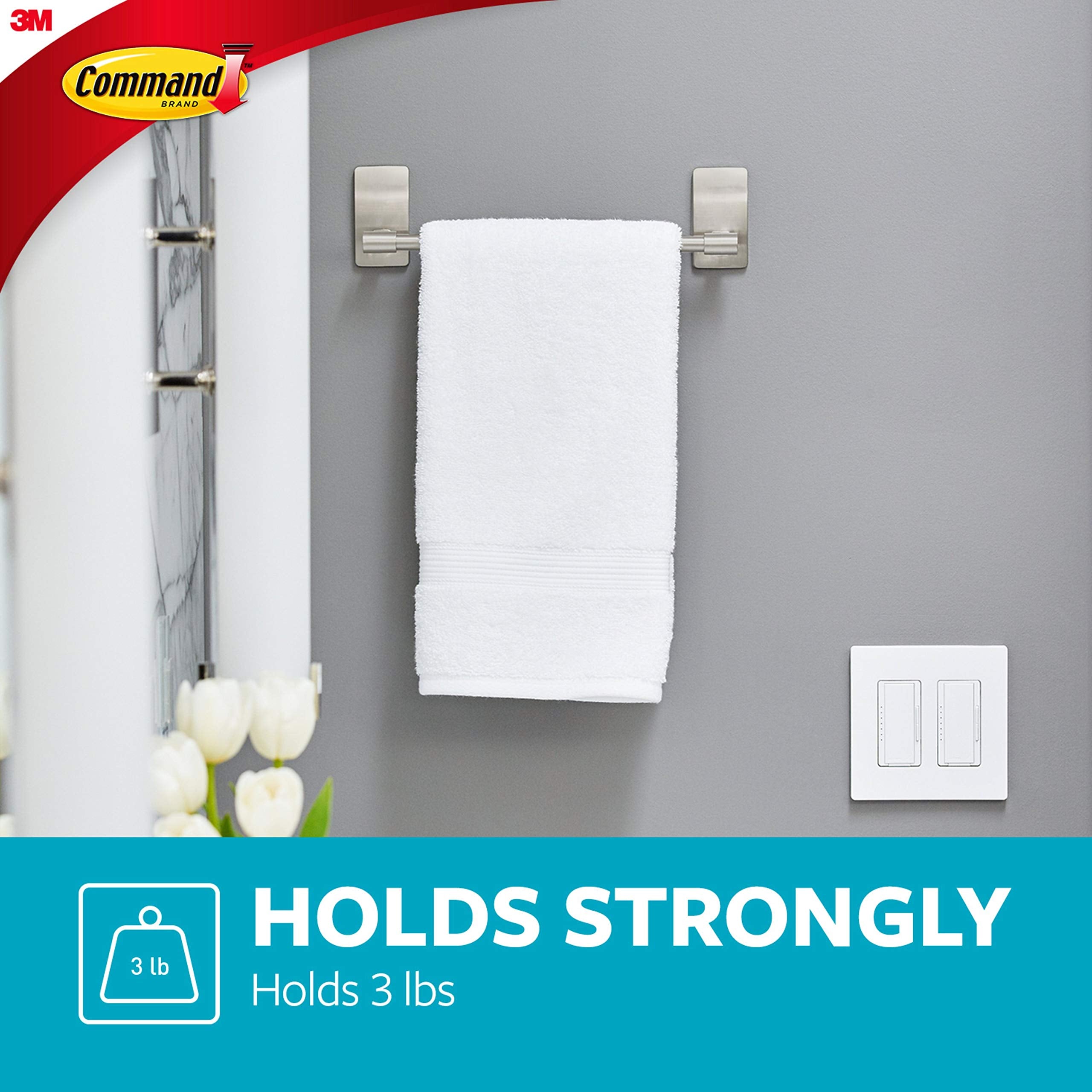 Command Hand Towel Bar Satin Nickel With 4 Water Resistant Command Strips, 9'' Hand Towel Holder, Holds Up To 3 Lb, Great For Ba